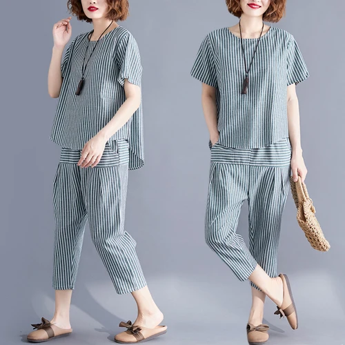 

2019 Summer New Style Stripe Round Collar Female Seven Minutes Trousers Comfortable Cotton Flax Leisure Women Two Pieces Clothes