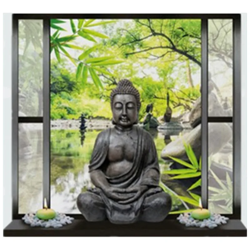 Статуя Будды поддельные наклейки на окно сад чистая вода 3d стены искусства винил плакат, Декор для дома пейзаж плакат на стену 70*50 см