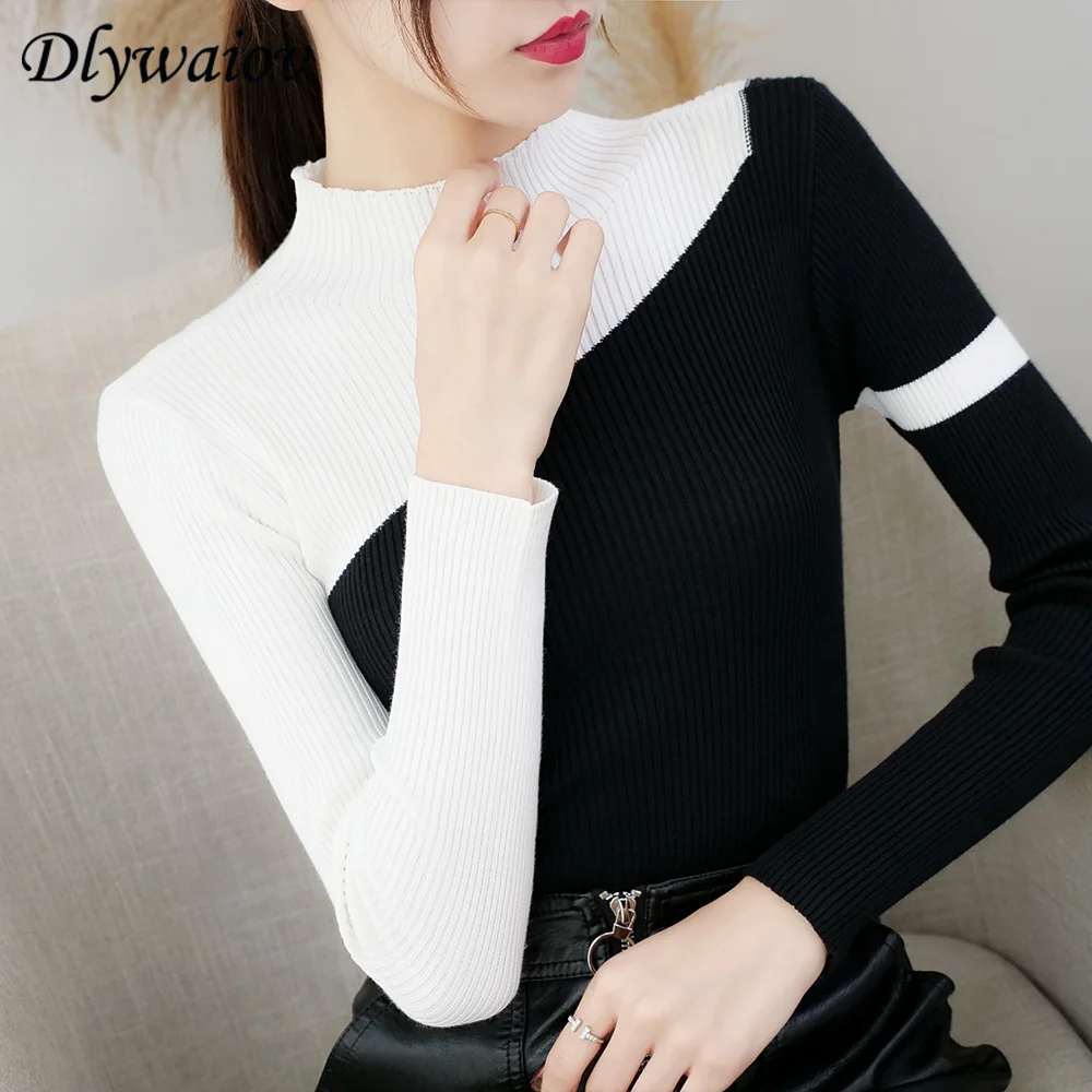 

Splice Knitted Turtleneck Sweater Women 2019 Korean Pullover Tops Fashion Slim Sweater Autumn Winter Female Jumper Pull Femme