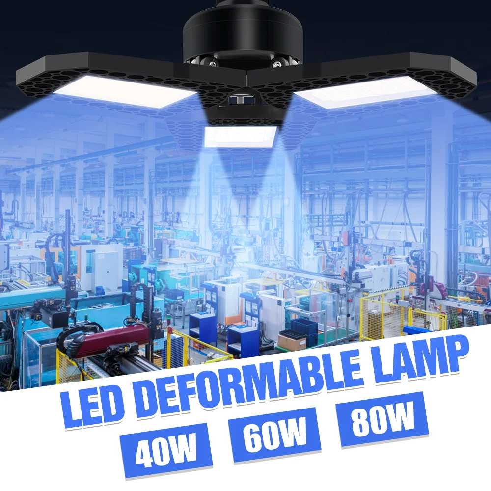 

40W 60W 80W LED Garage Light High Brightness LED Ceiling Light For Warehouse Workshop 220V Folding Three-Leaf Deformation Lamp