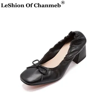 

Comfort Genuine Leather Pumps Women Sweet Bow-Tie Thick Medium Heels Small Size 33 Shoes Woman Ladies Soft Pumps Zapatos Mujer