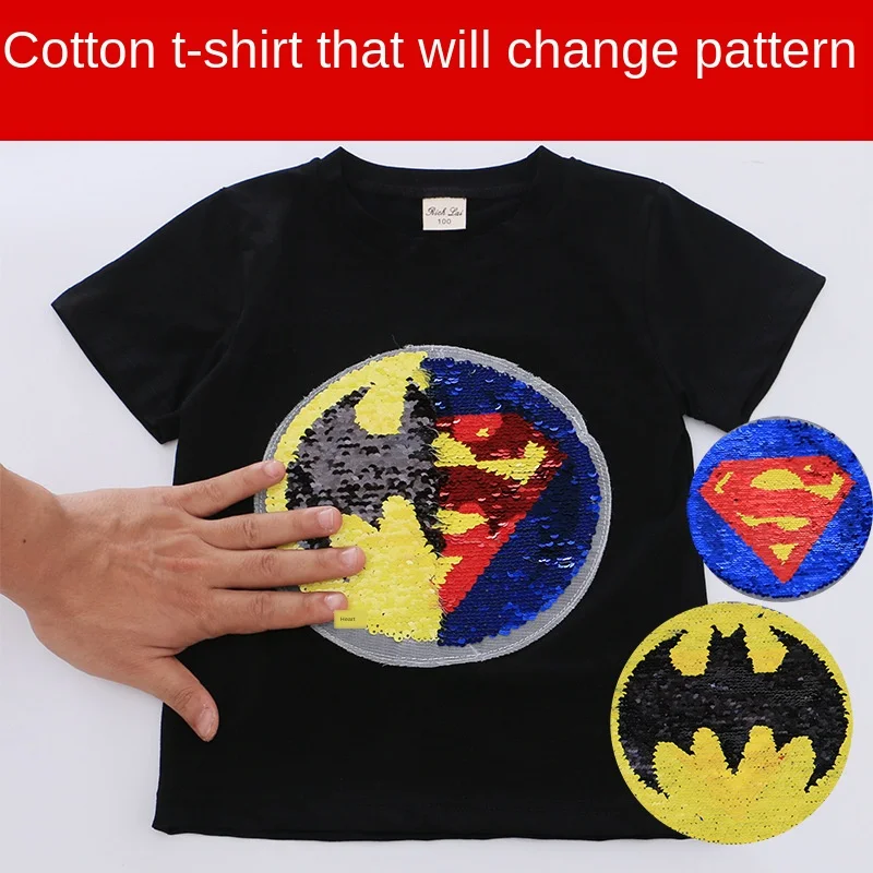 

Summer Baby Boys T-Shirt Superman Sequin Childen Cotton Children Tee Change Face Batman Magic Discoloration Top Clothing T Shirt