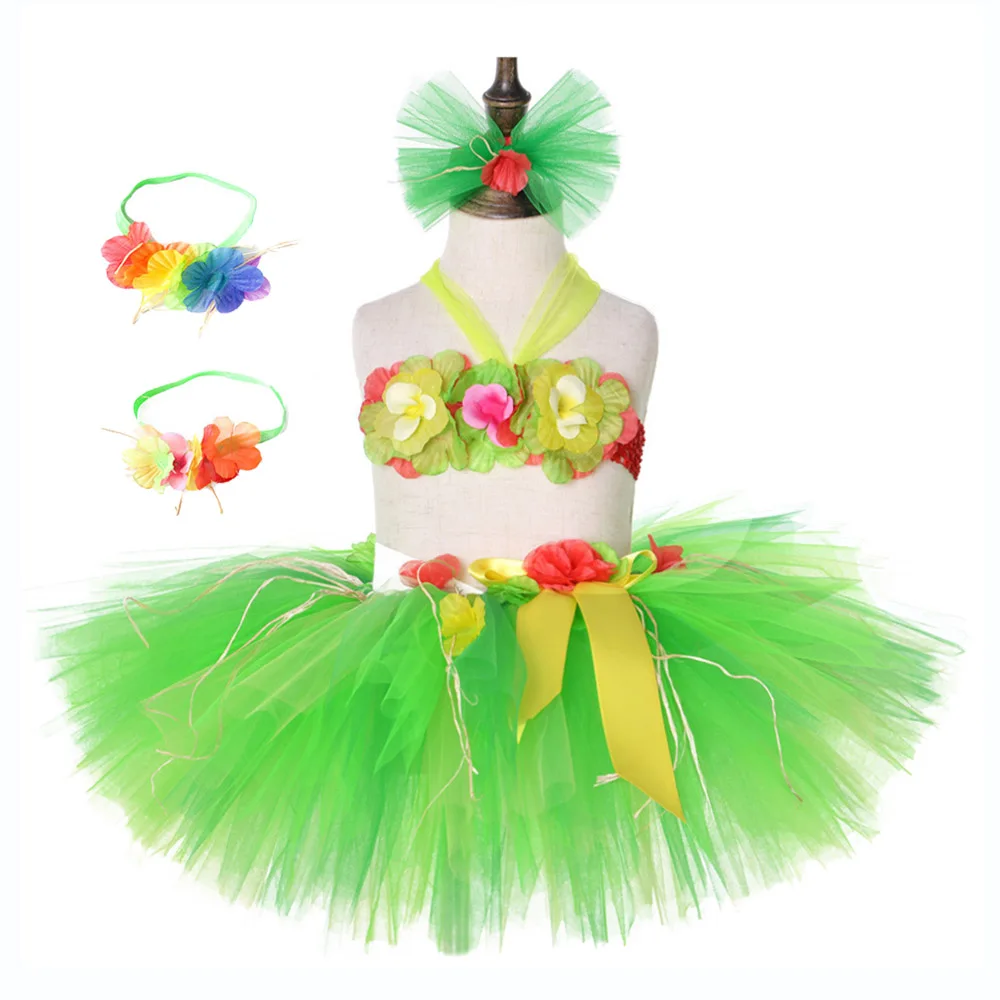 Green Baby Girls Princess Flower Skirt Kawaii Knee Length Tulle Skirt Girls Hawaiian Party Tutu Skirt Set Skirt and Top Headwear (3)