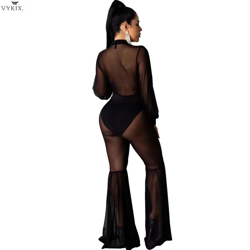 Spring Sexy Jumpsuit Women Romper Turn Down Collar Long Sleeve Solid Night Clubwear Mesh See Through One Piece Jumpsuit Women
