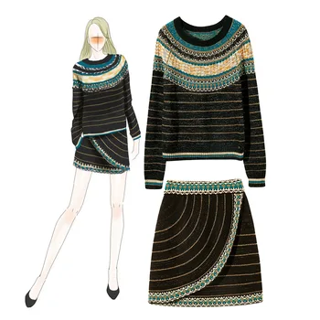 

2019 Winter Europe Fashion Classic Wool Blended Knitted Striped Sweater Tops And Matching Half Skirt 2 Piece Outfits For Women