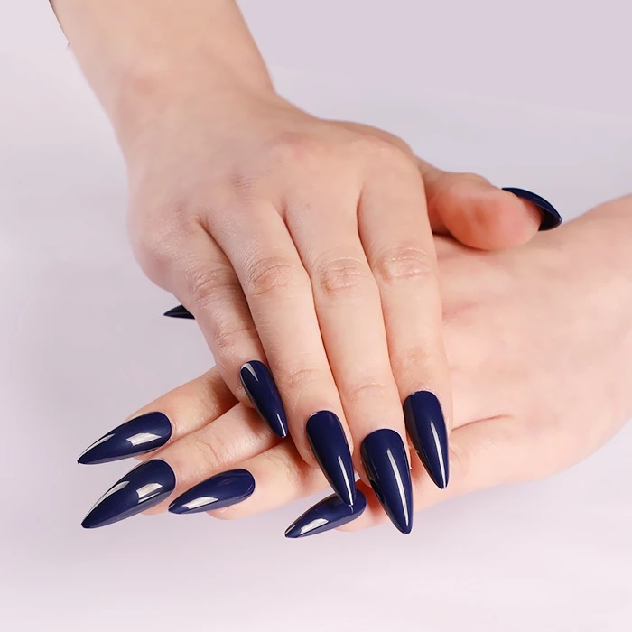 Almond Dark Blue Short Impress Press On Nails Stiletto Full Cover Sharp Faux Ongles Artificial Glossy Fake Nail Art Decoration False Nails Aliexpress