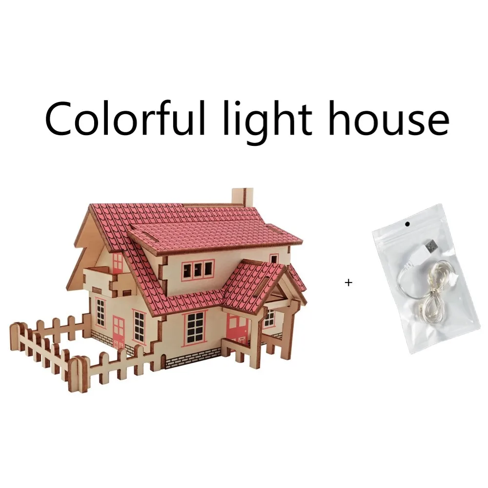 Сборочный Набор DIY строительные 3D деревянные игрушки ранчо домик кукольный домик головоломка мини деревянные модели игрушки для детей Детские аксессуары - Цвет: Colorful light house