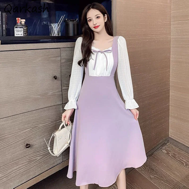 

Женское платье в стиле пэчворк с квадратным вырезом, милое весеннее нежное простое платье миди в японском стиле с имитацией двух частей для студентов, мягкие платья