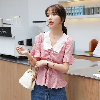 

COIGARSAM Cute Lace blouse women Patchwork Peter pan Collar Bow Belt blusas womens tops and blouses Pink Green 9610