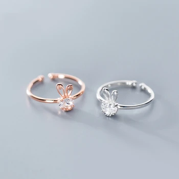 

Bbabydxudzhi 925 Sterling Silver Ring Cute Rabbit Long Ear CZ Crystal Open Adjustable Ring For Fashion Women Girl Jewelry