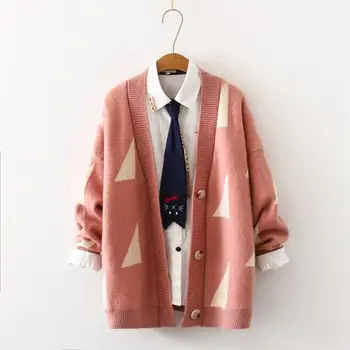 

Women Preppy Fall Winter Cardigans Triangle Geometric Casual Loose Knitted Sweaters Long Sleeve V Neck Sweaters