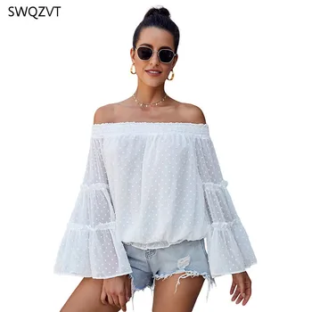 

SWQZVT New Shirt Women Polka Dot Design Sexy Strapless Slash Neck Flare Long Sleeve Loose Women Shirt Summer Ladies Clothes