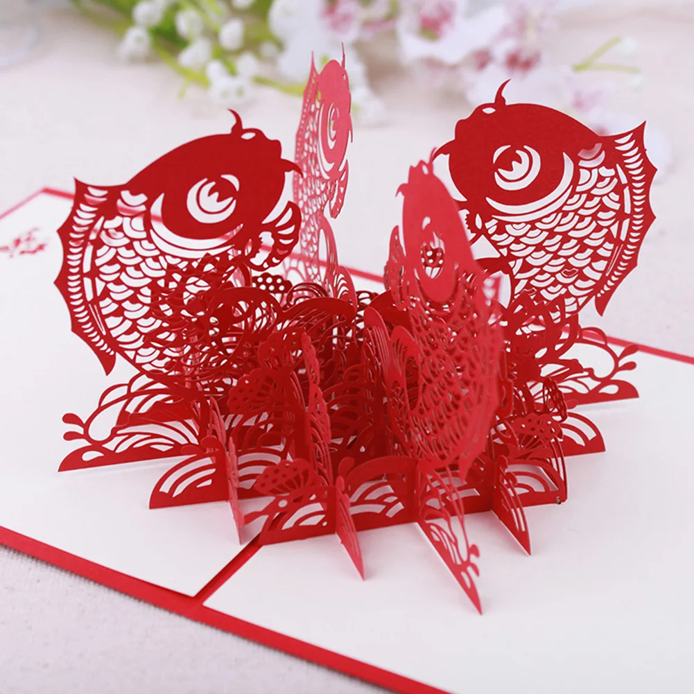 15x15cm Up Folding Gift 3D Pig Greeting Card Red Paper Carving New Year Hollowed Out Gratitude Chinese Characters Fish - Цвет: Fish