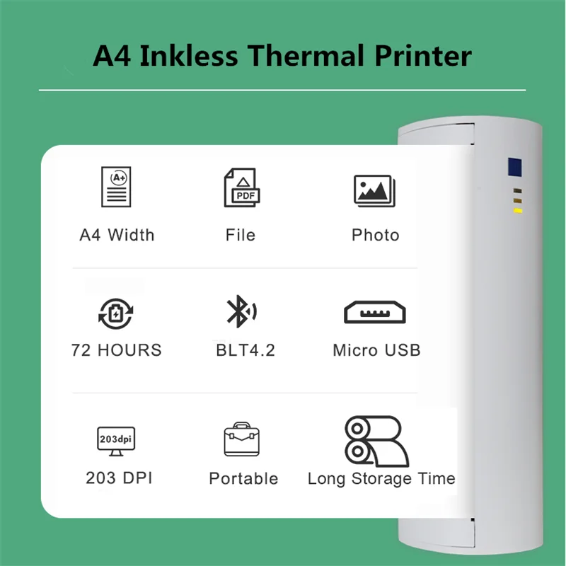 mini portable thermal printer Mini A4 Portable Wireless Bluetooth Thermal Printer Document Text Mobile Phone Printer Android iOS A4 Paper No need Ink or Toner sprocket portable photo printer