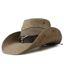Кожа для мужчин и женщин сетка западная ковбойская шляпа широкая шляпа Открытый Sombrero Hombre Женская Ковбойская шляпа кепка газетчика
