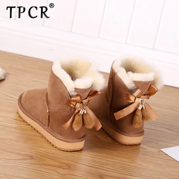 

TPCR Fashion Classic Sheepskin Leather Wool Fur Lined Women Short Winter Snow Boots with Bowknots Tassels dusk Warm Female Shoes