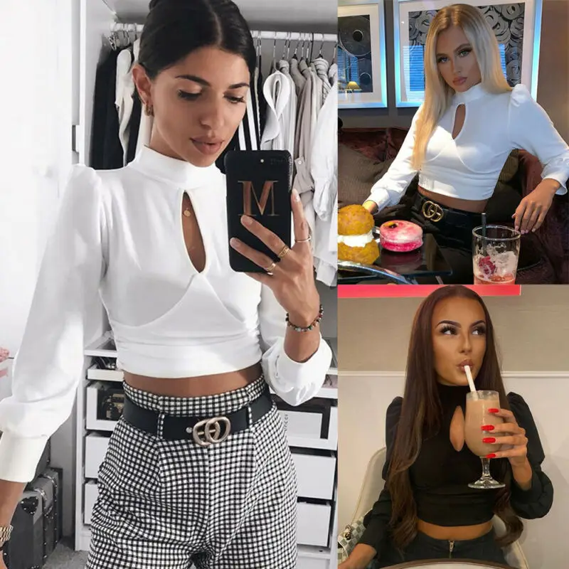 Мода женщин Дамы с длинным рукавом рюшами Bodycon рубашка блузка свободного покроя кроп Топы Великобритания