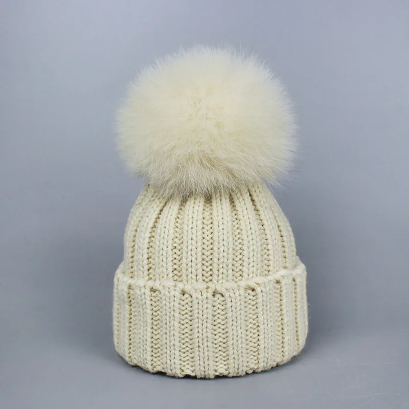 Beige-Hat Осень-зима, детский, взрослый, леди, помпон из лисьего меха, женская вязаная шапка, шапка, шарф, набор, детский, Soild, вязаный крючком, большой помпон, шапки, s - Цвет: Beige-Hat