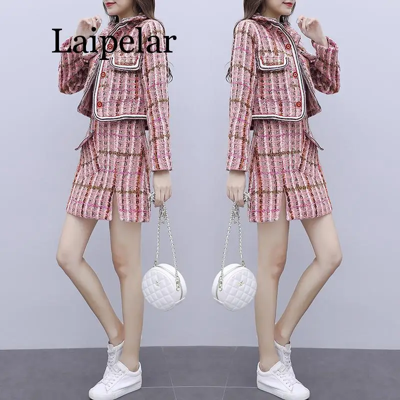 2020 autumn and winter wool coat and short skirt two-piece set female outfits ol warm plaid buttons 2pcs set