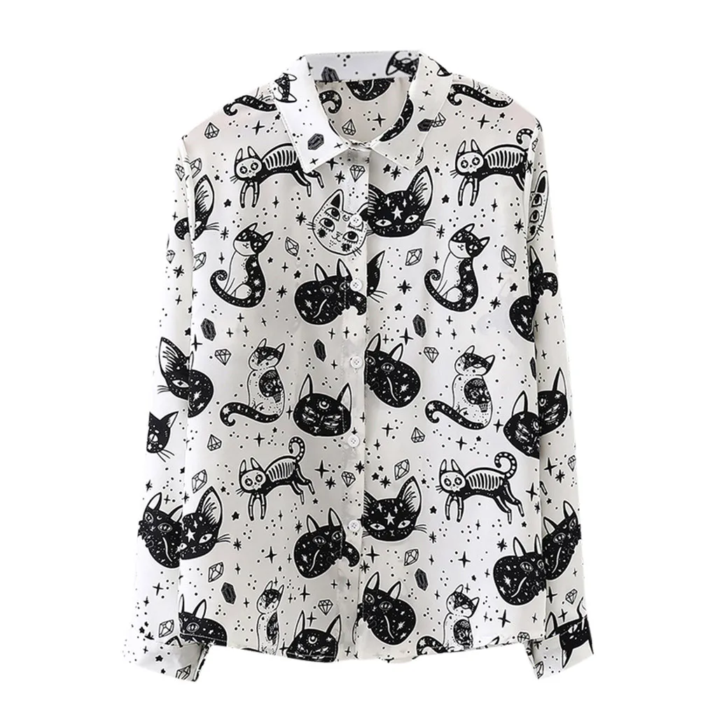 

Halloween Women Shirt Halloween Horror Skull Autumn Women Long Sleeve Art Cat Print Tops Shirt Casual Loose Blouse Camisas #38