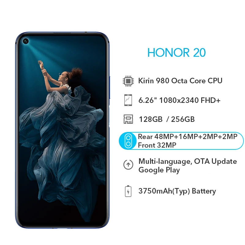 Google Play Honor 20 128 ГБ/256 Гб мобильный телефон 6 26 дюймов NFC 48MP + 16MP камера Kirin 980