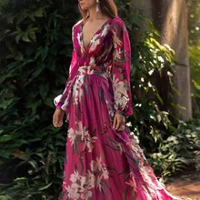 Nadafair Фиолетовое Женское Бохо Макси платье пляжные вечерние размера плюс шифоновое платье Дамское сексуальное с v-образным вырезом длинное с цветочным принтом летние платья