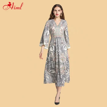 

Designer 2020 Spring Summer Women Fashion 2 Piece Set Sexy 3/4 sleeve V-neck Print vintage Dress + elegant Shawl dress New
