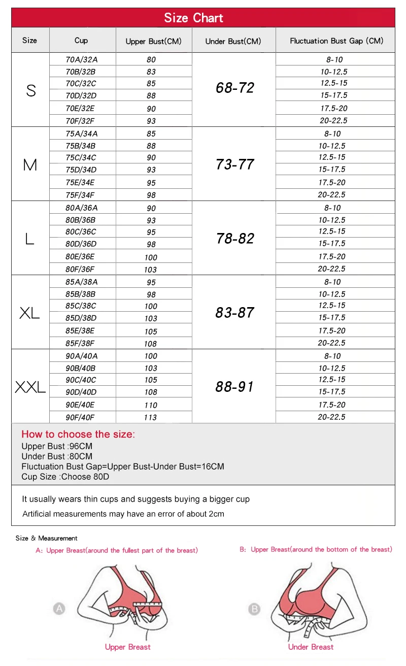 push up bra size table