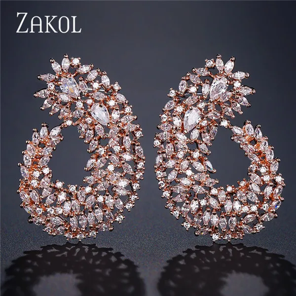 Rose Gold Color Роскошные популярные свадебные серьги с геометрическим цветком и фианитом ZAKOL, модные ювелирные изделия FSEP2135 - Окраска металла: Rose Gold Color