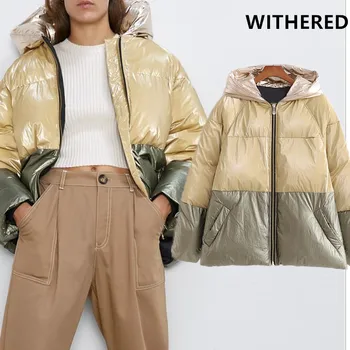

Withered winter parka coat women england high street vintage oversize satin patchwork Color collision hooded thick bread coat