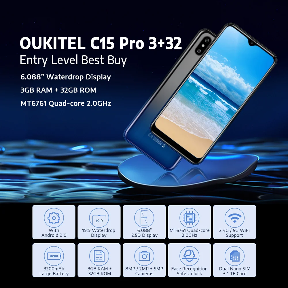 OUKITEL C15 Pro, 4G, 6,1 дюймов, смартфон, 1280x600, ips, четырехъядерный телефон, две тыловые камеры, 3 Гб ram, 32 ГБ rom, телефон