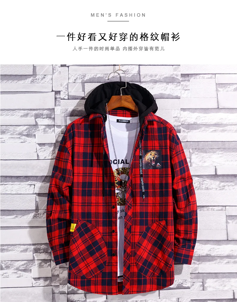 Port&Lotus Men Plaid Shirts With Hat Hoodie Striped Cotton Casual Long Sleeve Shirt Man Spring Autumn Soft Comfort Styles Brand