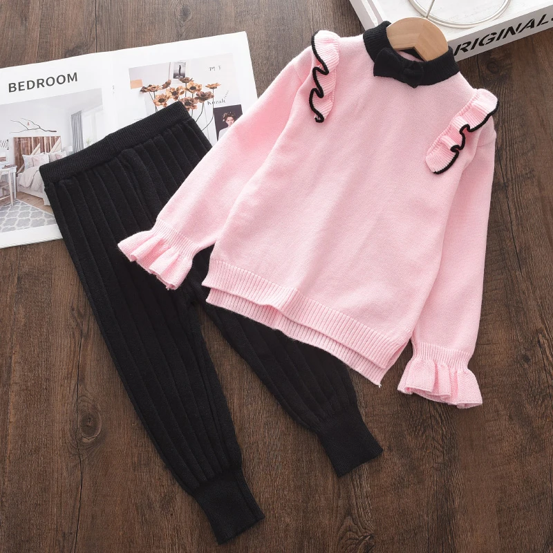 Melario Autumn Winter Fashion Girls Bow Knitted Thick Clothes Sets Kids Warm Long Sleeve Sweater Pants 2pcs Set Baby Girl Outfit