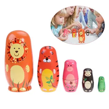 

TOYMYTOY Five Cute Nesting Dolls Russian Handmade Wooden Cartoon Animals Pattern Matryoshka Doll Toy Gift