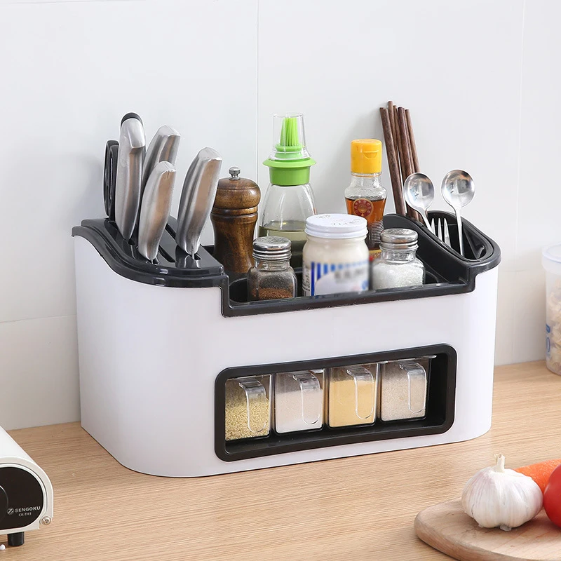 

YIWUMART Kitchen Seasoning Box Shelf Set Multi-function Combination Knife Holder Useful Household Storage Rack Kitchen Supplies