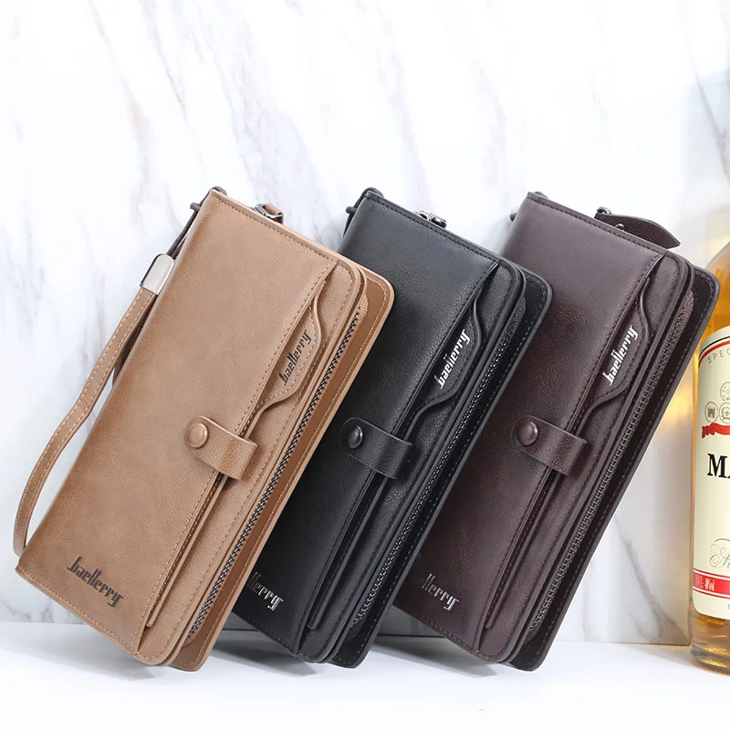 New Men Long Fashion Wallets Desigh Zipper Card Holder Leather Purse Solid Coin Pocket High Quality Male Purse 6
