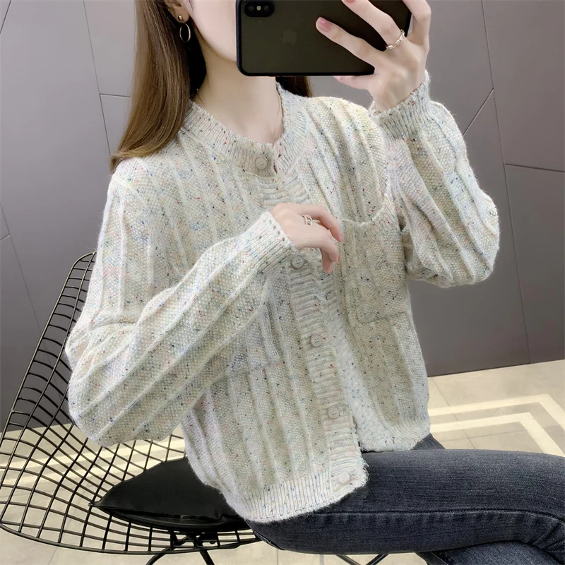 

Room 209923, no. 1 in 4 】 make round collar pure color stripe knitting cardigan pocket [3500] 53