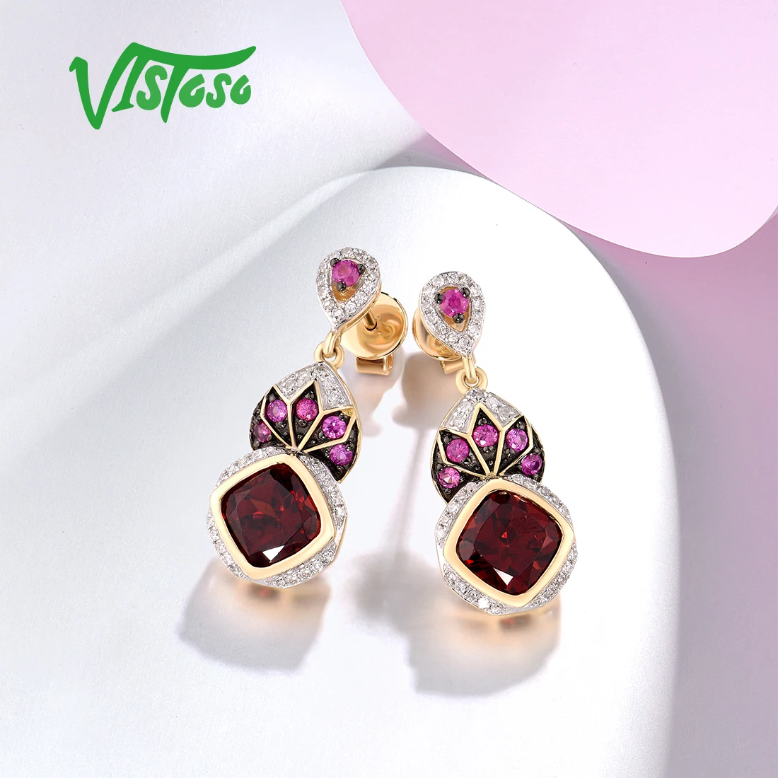 VISTOSO Gold Earrings For Women Pure 14K 585 Yellow Gold Sparkling Diamond Rhodolite Garnet Ruby Chic Drop Earrings Fine Jewelry