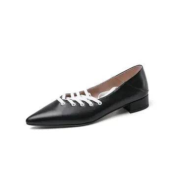 

Handemade Pumps Women Concise Low Heel Pointed Toe Sheepskin Square Heel Fashion Pumps Mature Shoes