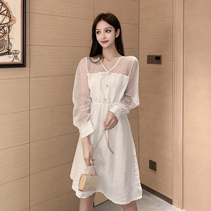 Весна 2020 Новое Женское Стильное элегантное базовое винтажное белое платье