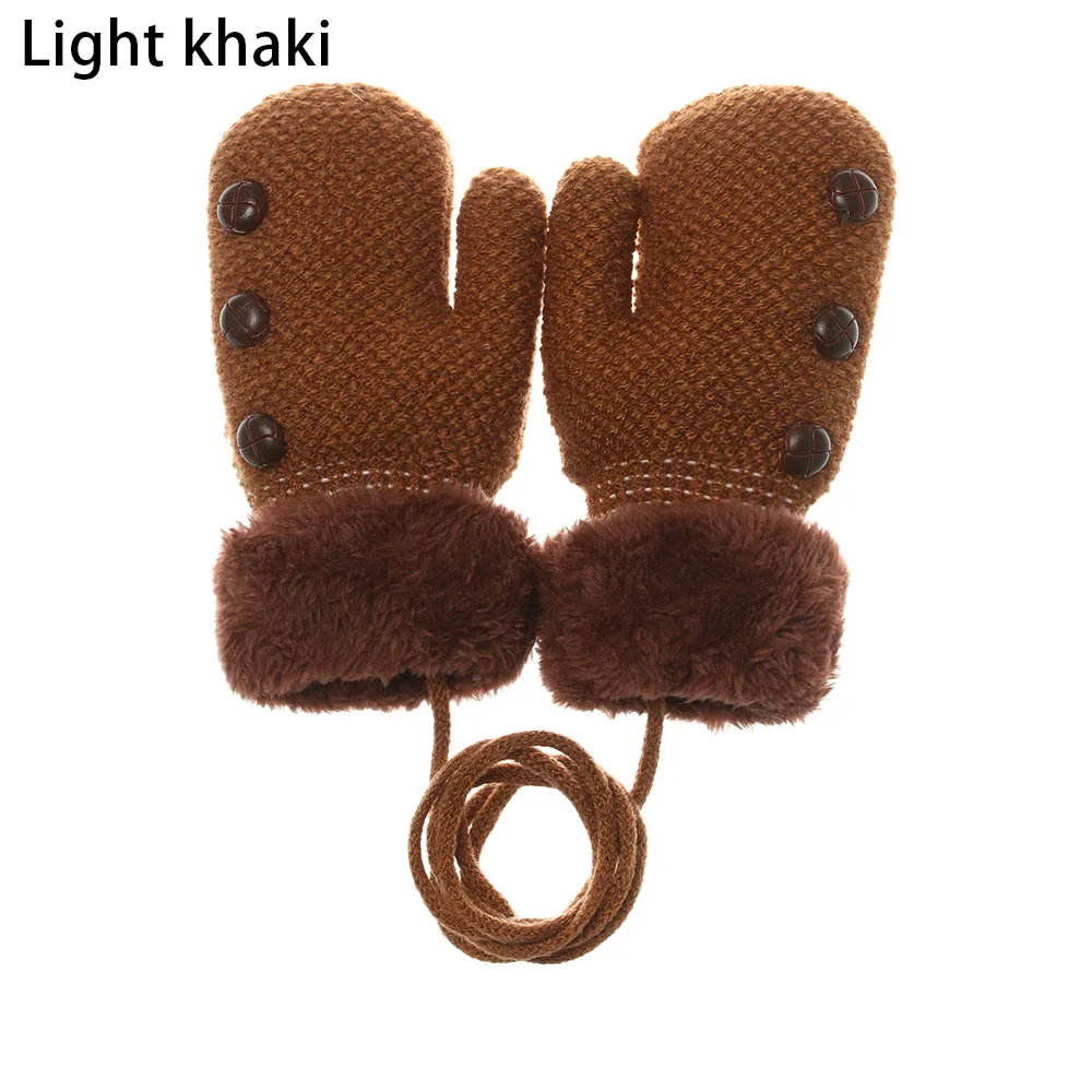 Милые Мультяшные перчатки для маленьких детей, зимние толстые вязаные шерстяные теплые варежки, детские мягкие плюшевые перчатки, сохраняющие тепло - Цвет: light khaki