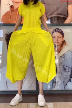 

MIYAKE fold summer new foreign candy color high waist suit female two piece set top and pants women set wide leg trousers set