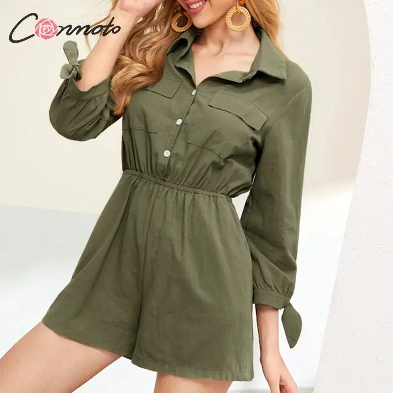 

Conmoto bow long sleeve playsuits romper women armygreen summer beach casual plus size button playsuits romper overall playsuit