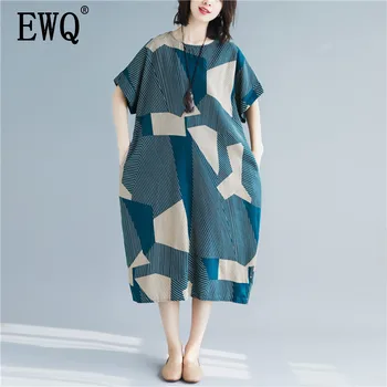 

[EWQ] 2020 Spring Summer New Pattern Round Collar Short Sleeve Asymmetircal Plaid Patchwork Print Casual Dress Women AK55606