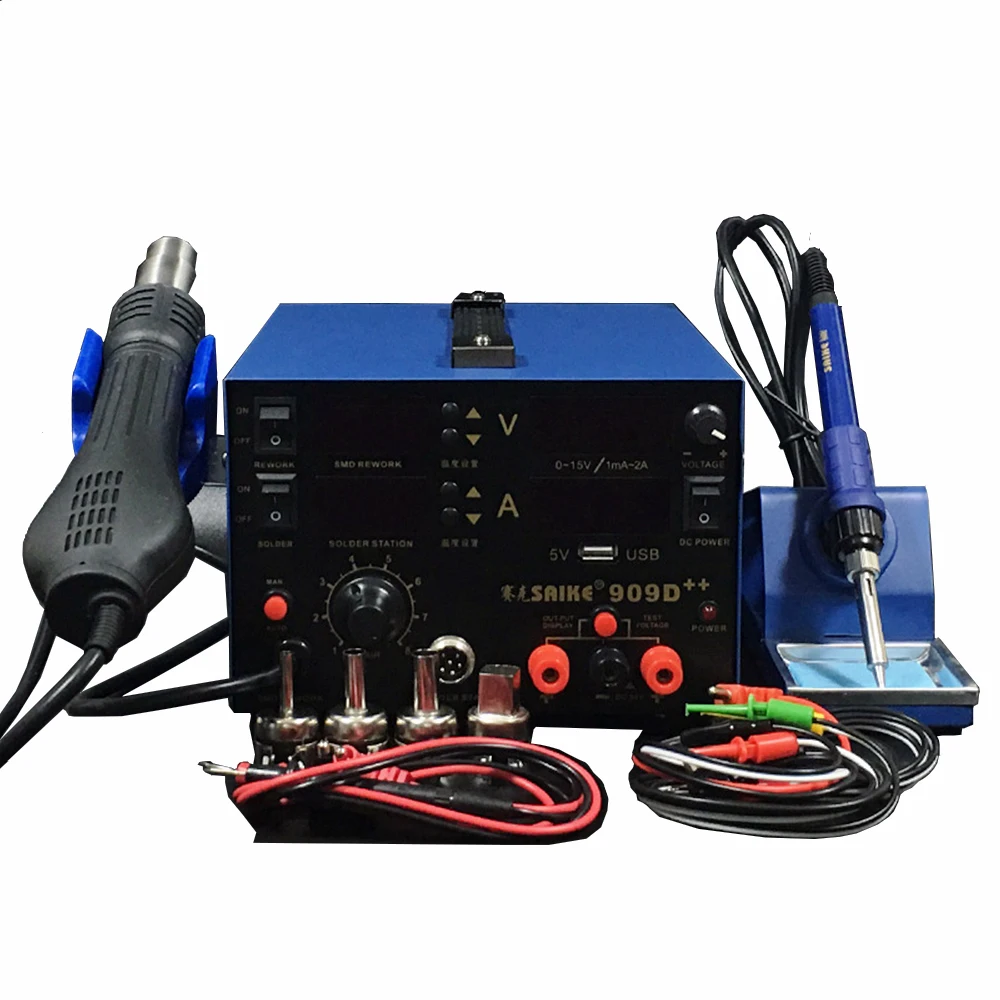 SAIKE 909D++ Горячий Воздушный пистолет паяльная станция De паяльная станция DC Регулируемый источник питания 15 в 2A 3 в 1