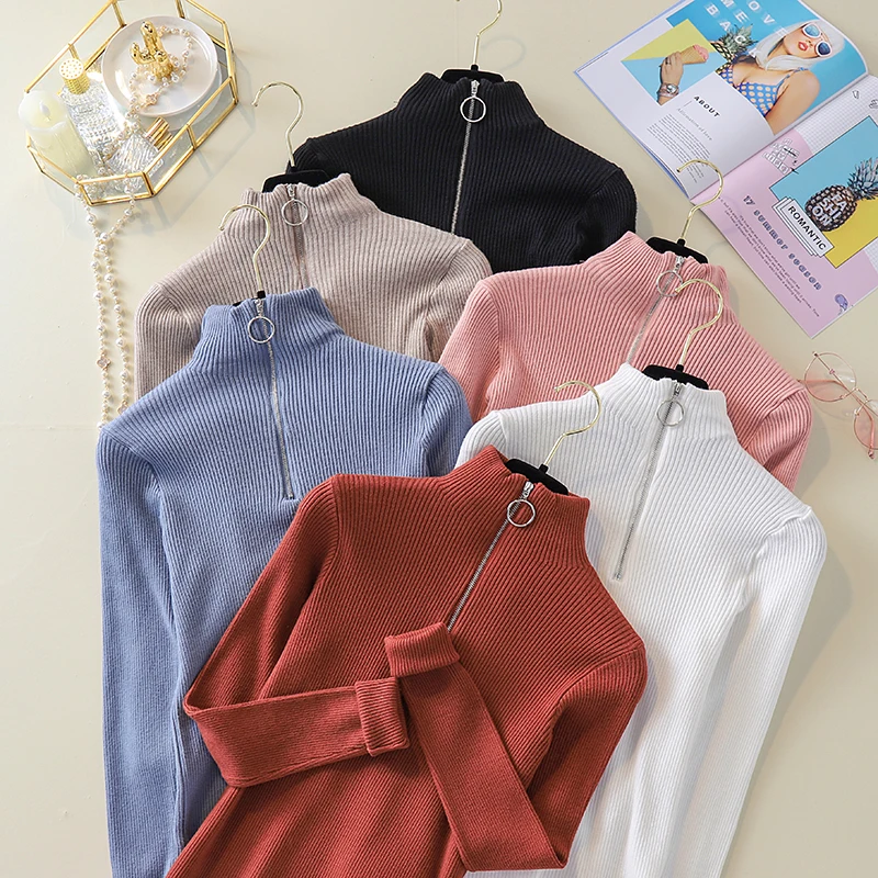 

Half Turtleneck Zipper Sweater Women Basic Autumn 2019 Knitted Women Sweaters Slim Pullovers Long Sleeve Soft Jumper Ladies