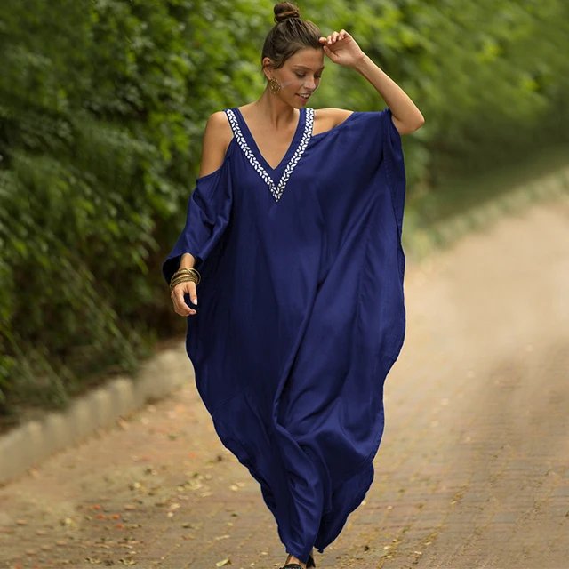 2021 Sexy Cold Shoulder V Neck Bats Sleeve Loose Summer Beach Dress Plus Size Women Beachwear Kaftan Black Dress Q943 2