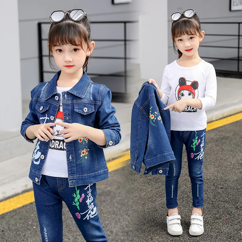 

Autumn Toddler Girls Clothes flower Printed Jeans Tops + shirt+Jeans Pants 3pcs set 6 8 10 12 Kids Casual clothing girls sets