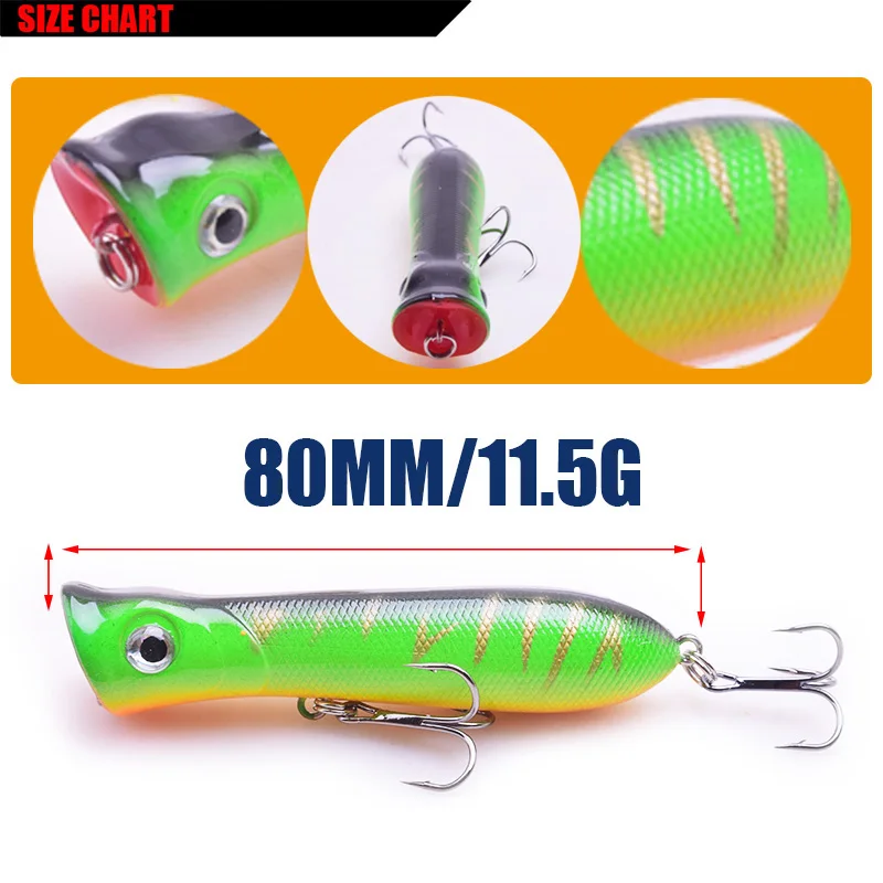 1Pcs Top water Popper Wobbler Fishing lure With 6# hooks 8cm 11.5g floating crankbait Artificial bait poper pesca carp pike