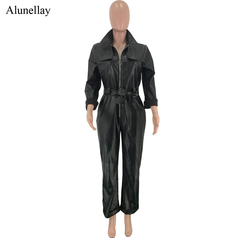 S-XL зимние комбинезоны с длинным рукавом и отложным воротником из искусственной кожи с поясом и карманами сексуальный клубный комбинезон вечерние комбинезоны для женщин черного цвета